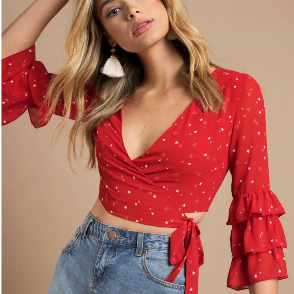 Tobi red ruffle sleeve blouse small